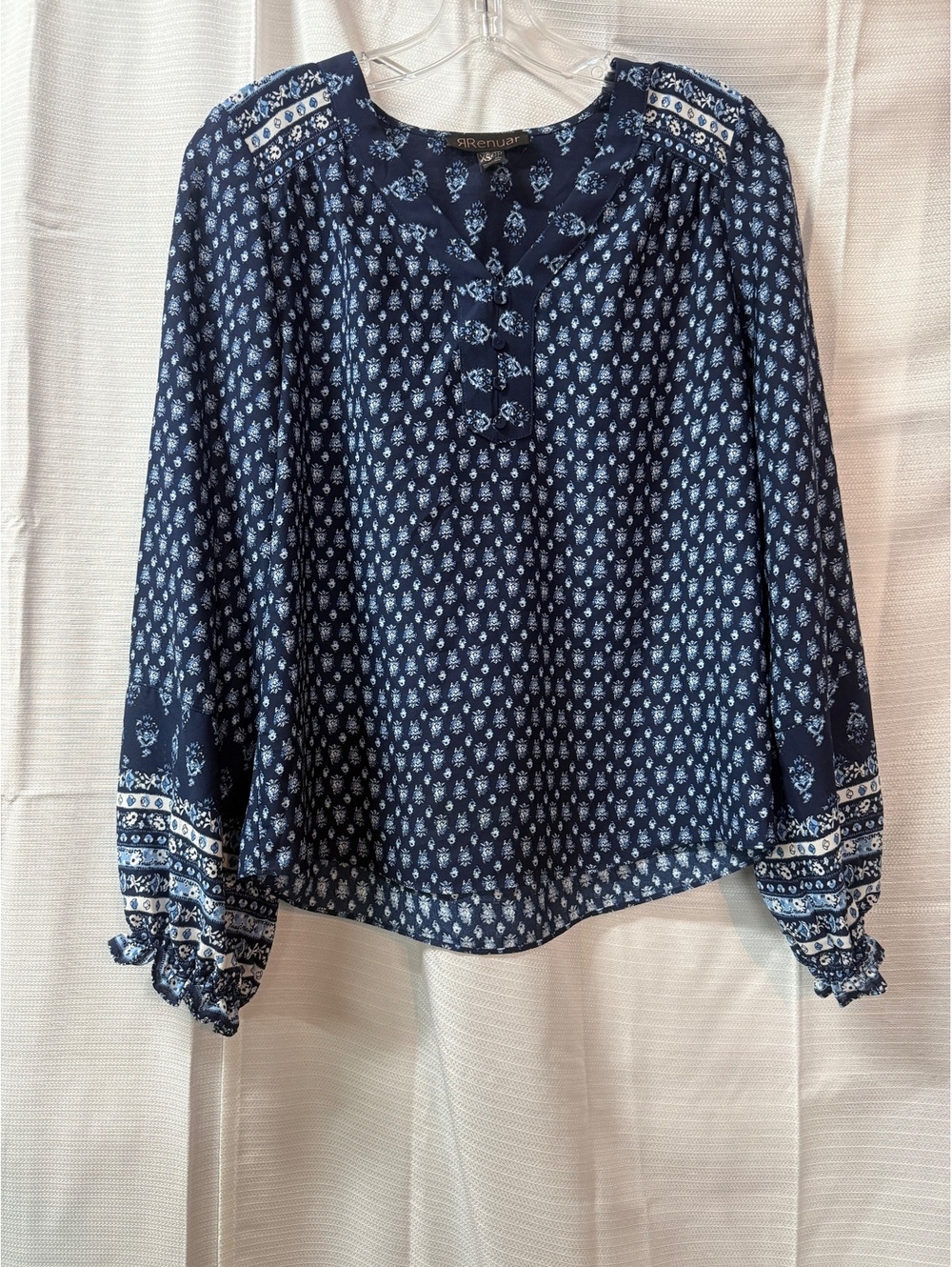 Renuar Women's Navy Blue Printed Long Sleeve Blouse XS